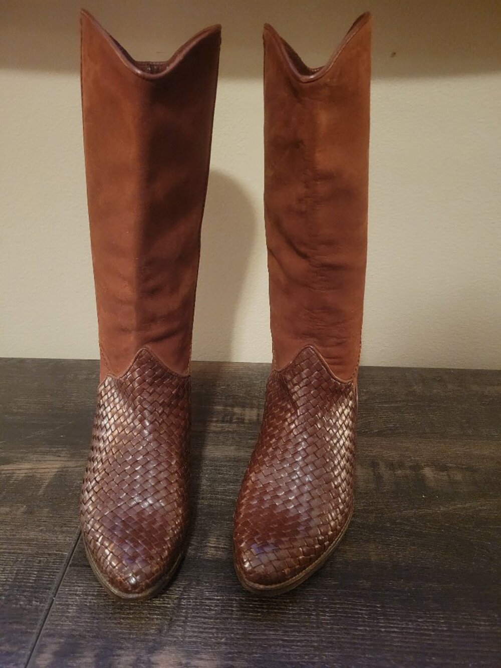 Vintage VIA SPIGA Western Cowgirl Brown Woven Leather and Suede Boots